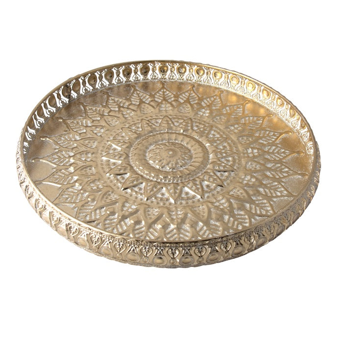 Tray Round Metal Embossed Champagne