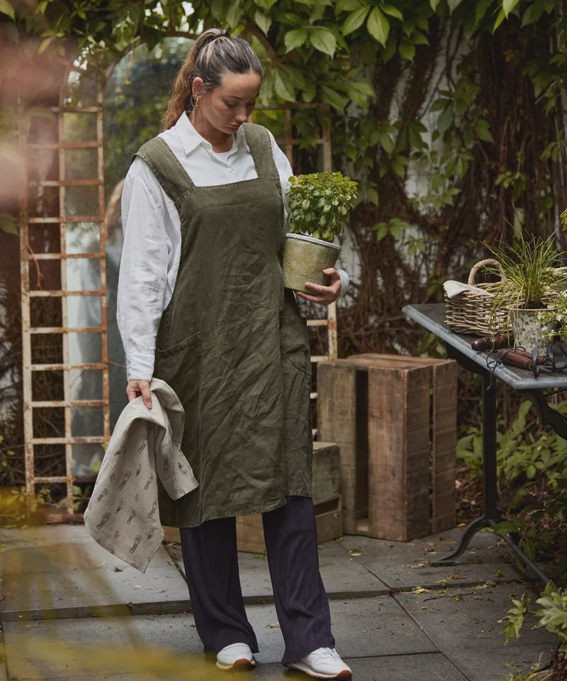 Apron Cross Back Army Green Linen